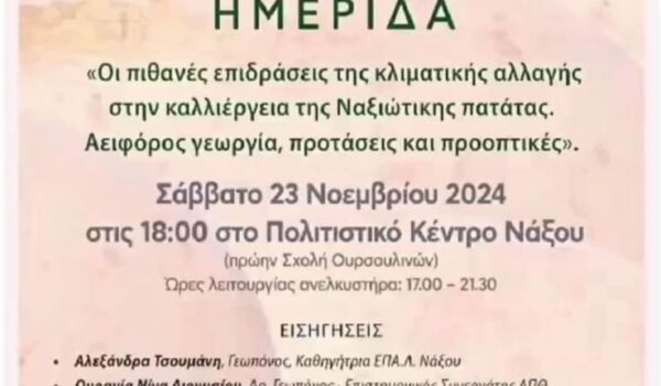 Χαιρετισμός του Δ. Καπούνη στην εσπερίδα για τις επιπτώσεις της κλιματικής  αλλαγής στην καλλιέργεια της ναξιώτικης πατάτας