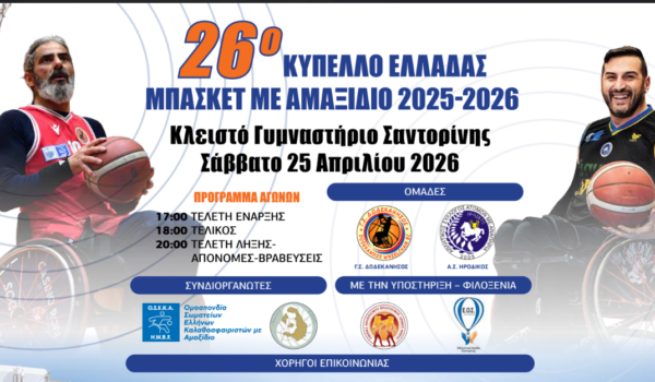 Στη Σαντορίνη ο Τελικός του 26 ου Κυπέλλου Ελλάδας μπάσκετ με αμαξίδιο