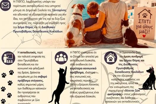 Η ΠΦΠΟ παρεμβαίνει για τη στέγαση εκπαιδευτικού στη Σαντορίνη που αδυνατεί να βρει σπίτι λόγω των ζώων της
